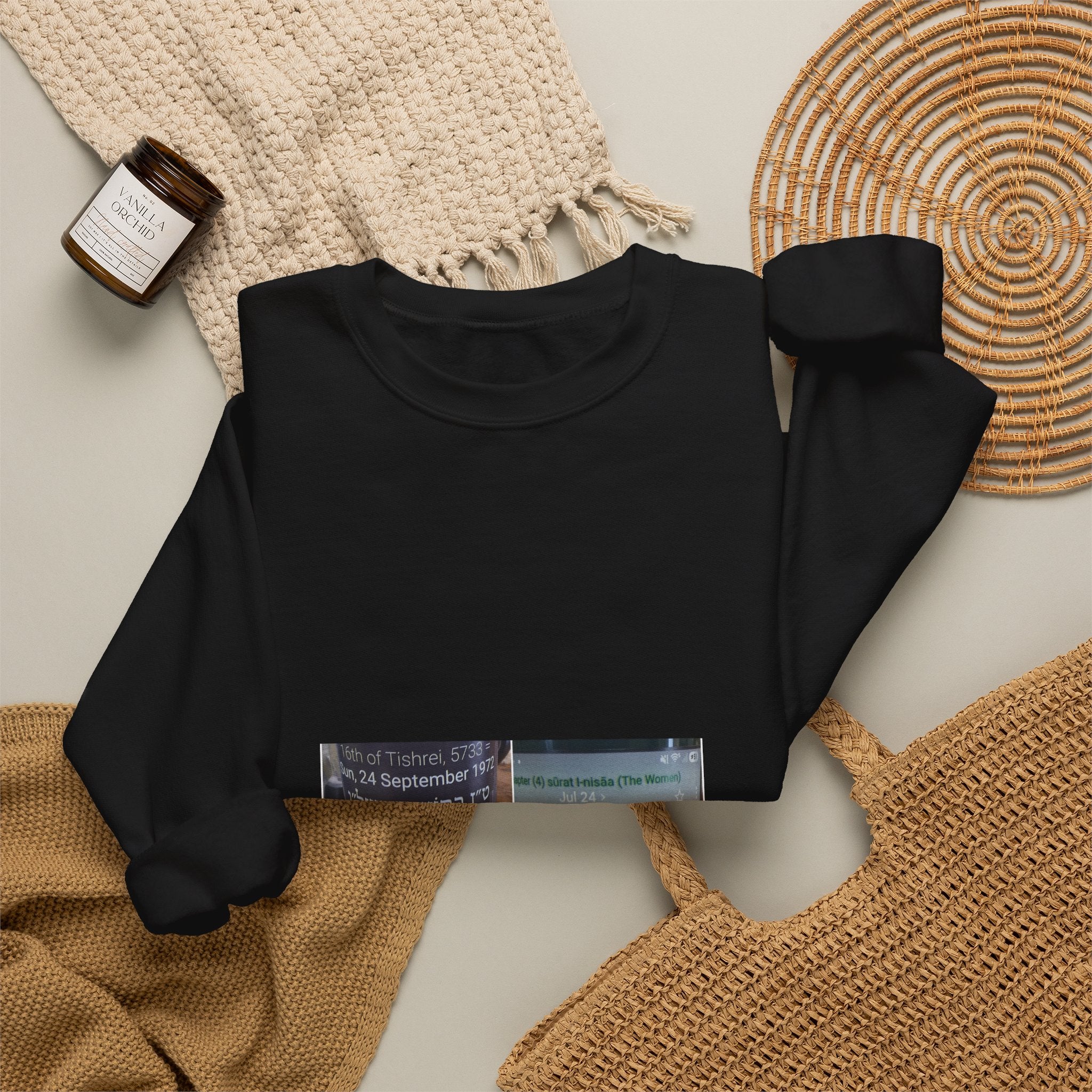 Arabic Script Candle Label Crewneck Sweatshirt - Minimal Photo Print