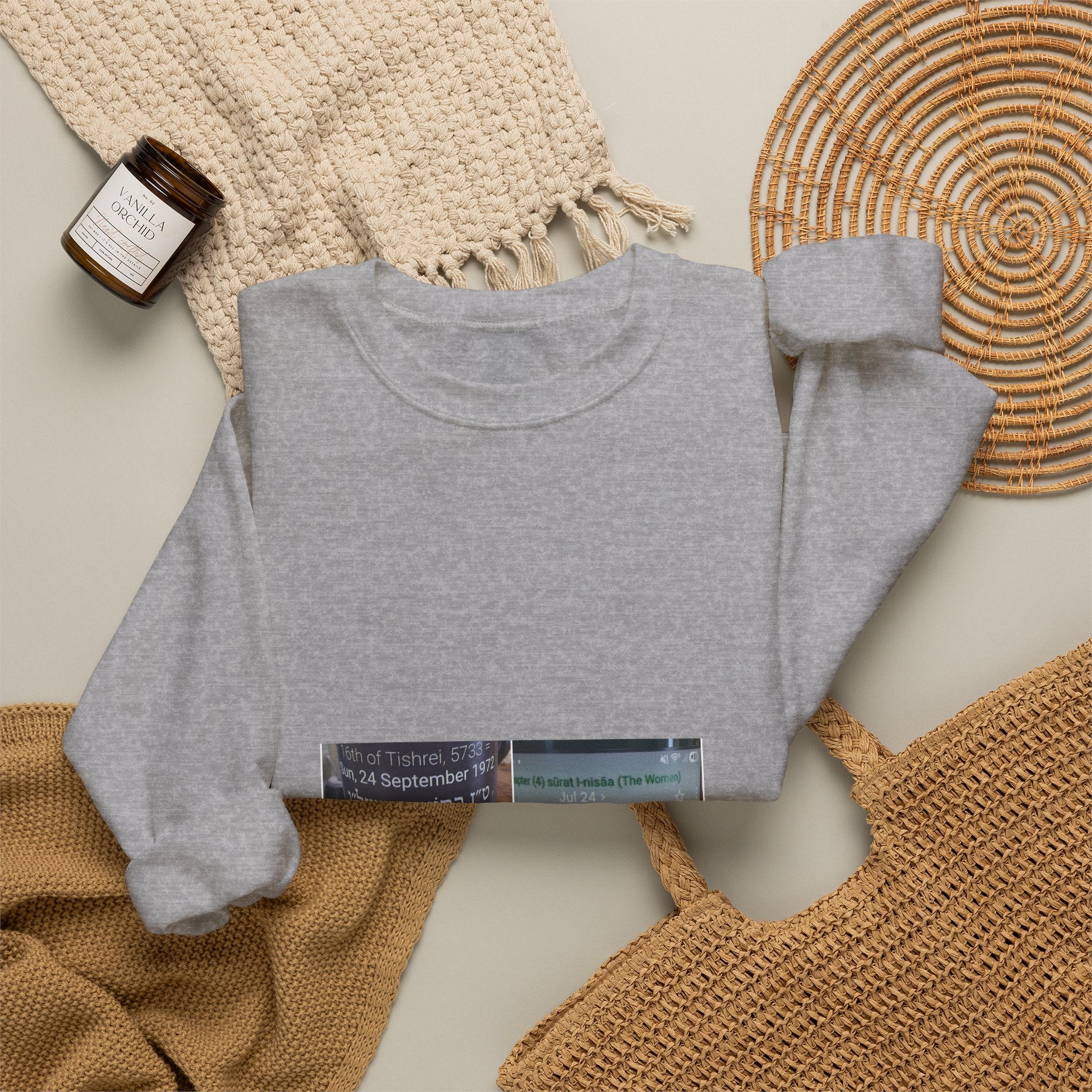 Arabic Script Candle Label Crewneck Sweatshirt - Minimal Photo Print