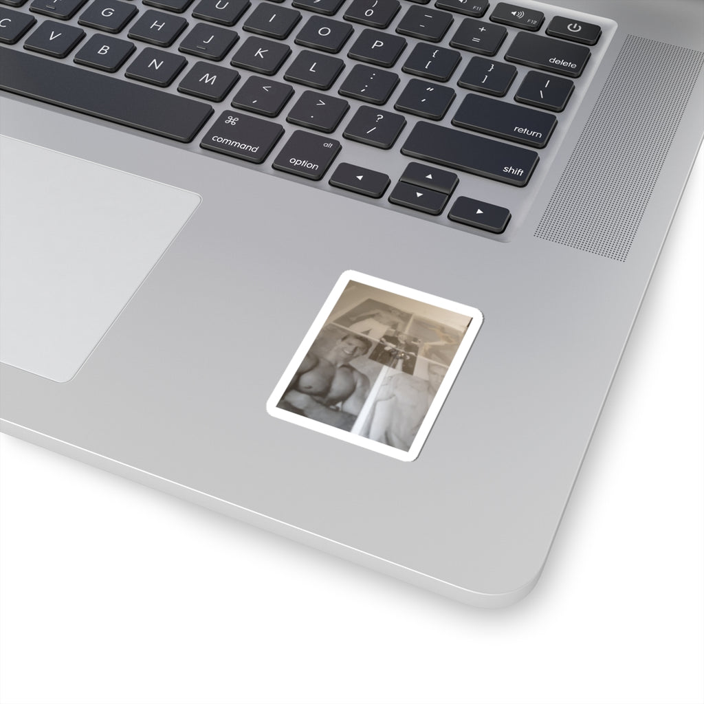 Vintage Pinup Photo Kiss-Cut Sticker – Sepia Muscle Poster Design