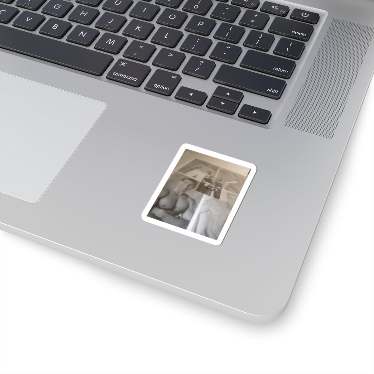Vintage Pinup Photo Kiss-Cut Sticker – Sepia Muscle Poster Design