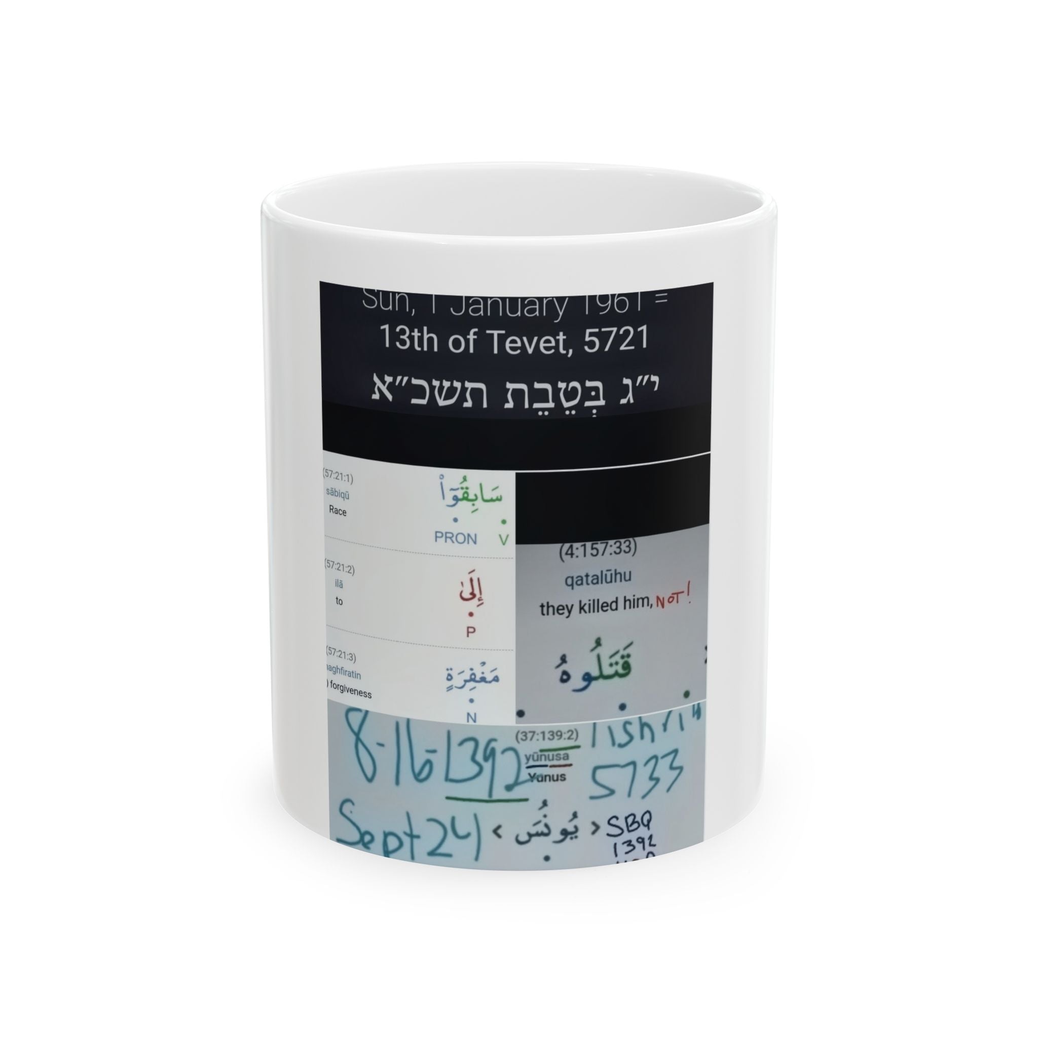 Hebrew & Arabic Script Ceramic Mug – Multilingual Text Collage (11oz/15oz)